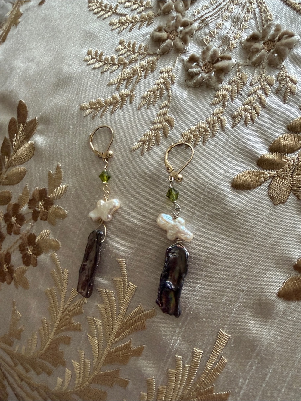 French lever hook 14kt gf fresh water stick style pearls with olivine crystals